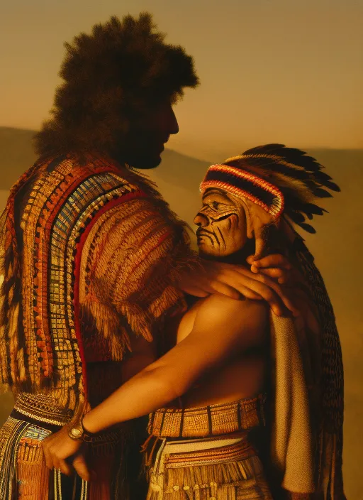 shot of native american with aztec clothes huging spaniard conqueror from XVI th century, from distant, side view, golden hour, national geographic style, shot on AGFA Vista, ultra realistic, highly detailed 