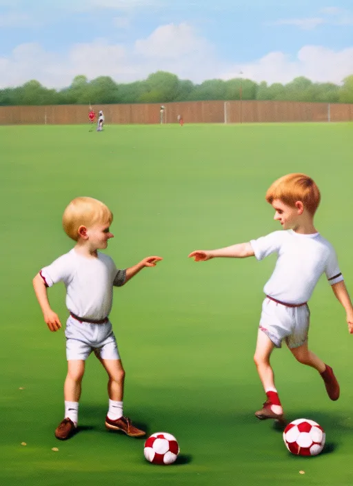 Two children on a green and grassy land playing football with a ball. The first boy is wearing a white shirt and short pants and the second is wearing a green shirt and short pants.