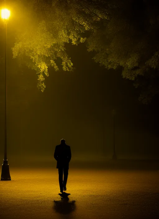 a sad man walking alone in the park in the dark of night