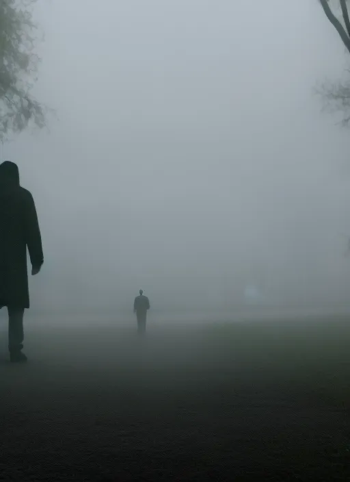 a sad man walking alone in the park in the dead of night, surrounded by fog and his own personal demons