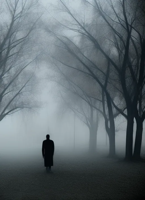 a sad man walking alone in the park in the dead of night, surrounded by fog and his own personal demons