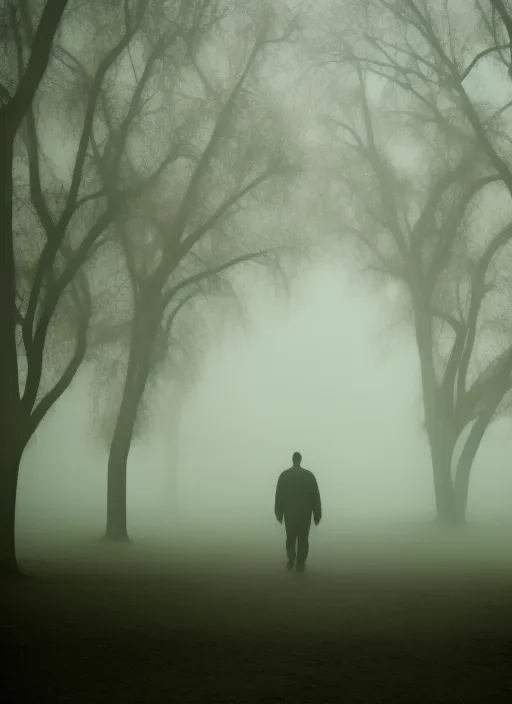zoom in on a sad man walking alone in the park in the dead of night, surrounded by fog and his own personal demons