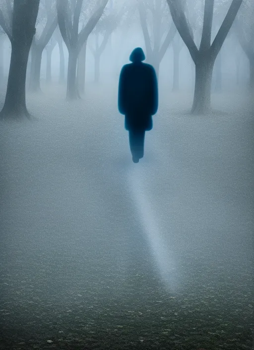 zoom in on a sad man walking alone in the park in the dead of night, surrounded by fog and his own personal demons