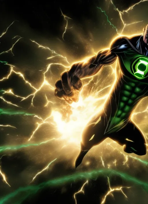 Green Lantern fighting in space with Black Adam, comic style, planets on the background, dramatic, dark lighting, HQ