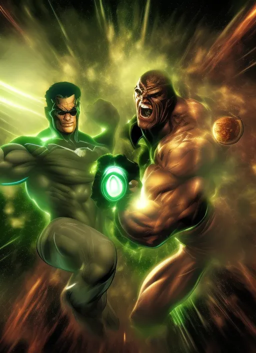 Green Lantern fighting in space with Black Adam, comic style, planets on the background, dramatic, dark lighting, HQ