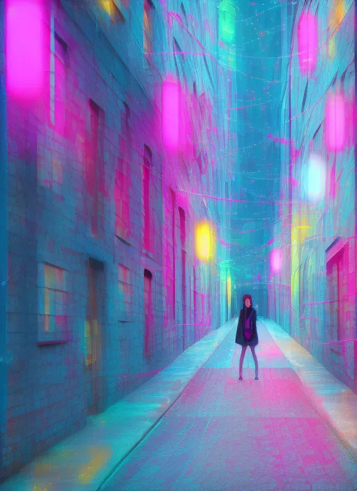 woman with short messy black hair, golden eyes, a square jaw, freckles, 20 years old, wearing streetwear clothes, standing in an alley with neon signs, blue and pink neon lighting
