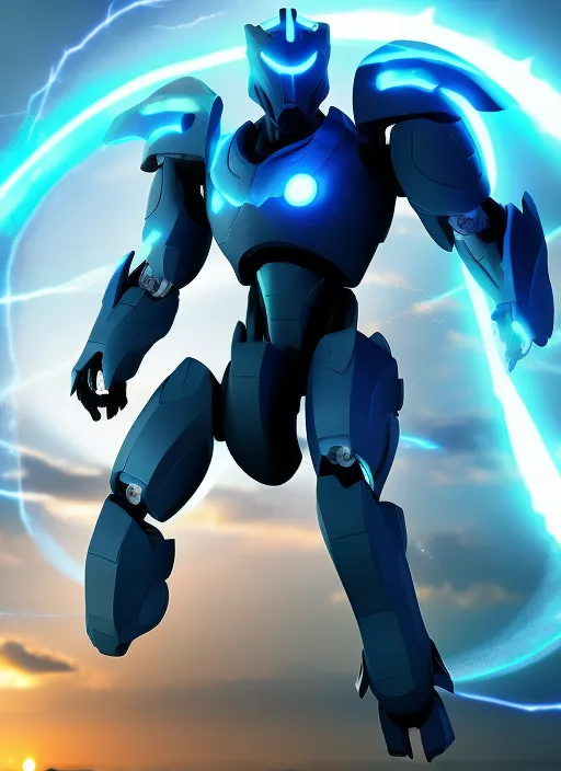 **Close up low viewing angle, a Pacific Rim mecha wielding a light glowing sword, blue, Rectangular head, Hale style, Standing in the sea, big waves crashing , a huge glowing circle of light behind him, glowing eyes, ring energy glowing device, arcane energy, arcane design armor, orange, VFX, octane render, unreal engine 5, Diffraction Grading, Ray Tracing Reflections, high contrast, Rembrandt Lighting, ultra detailed, photo realistic, afrofuturism, 8k --ar 9:16 --quality 2.0 --v 5** - <@854241352090255380> (fast)