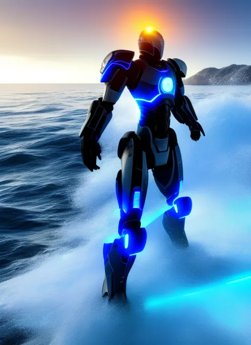 **Close up low viewing angle, a Pacific Rim mecha wielding a light glowing sword, blue, Rectangular head, Hale style, Standing in the sea, big waves crashing , a huge glowing circle of light behind him, glowing eyes, ring energy glowing device, arcane energy, arcane design armor, orange, VFX, octane render, unreal engine 5, Diffraction Grading, Ray Tracing Reflections, high contrast, Rembrandt Lighting, ultra detailed, photo realistic, afrofuturism, 8k --ar 9:16 --quality 2.0 --v 5** - <@854241352090255380> (fast)