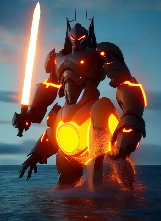 **Close up low viewing angle, a Pacific Rim mecha wielding a light glowing sword, blue, Rectangular head, Hale style, Standing in the sea, big waves crashing , a huge glowing circle of light behind him, glowing eyes, ring energy glowing device, arcane energy, arcane design armor, orange, VFX, octane render, unreal engine 5, Diffraction Grading, Ray Tracing Reflections, high contrast, Rembrandt Lighting, ultra detailed, photo realistic, afrofuturism, 8k --ar 9:16 --quality 2.0 --v 5** - <@854241352090255380> (fast)