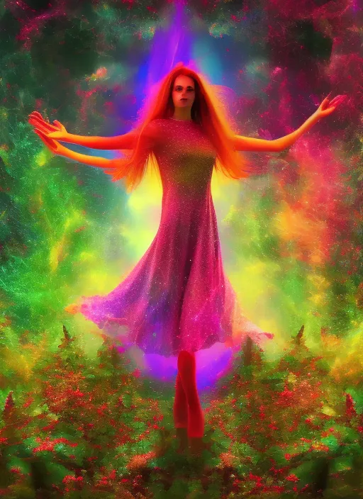 A beautiful girl dancing in a magical garden, full of colors, trippy, cosmic, full hd, 8k