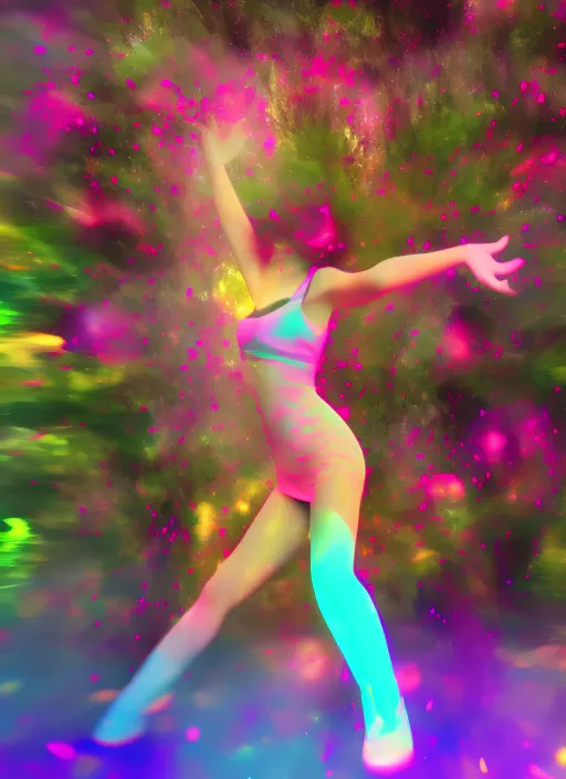 A beautiful girl dancing in a magical garden, full of colors, trippy, cosmic, full hd, 8k