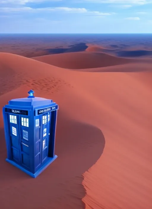 Doctor Who com sua cabine azul vijando pelo deserto do Sahara, uhd, 4K