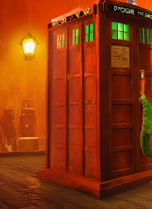Doctor Who com sua cabine azul vijando pelo Rio de Janeiro, uhd, 4K