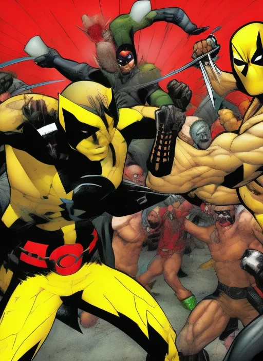 wolverine yellow and black fight, in club, with deadpool crazy 