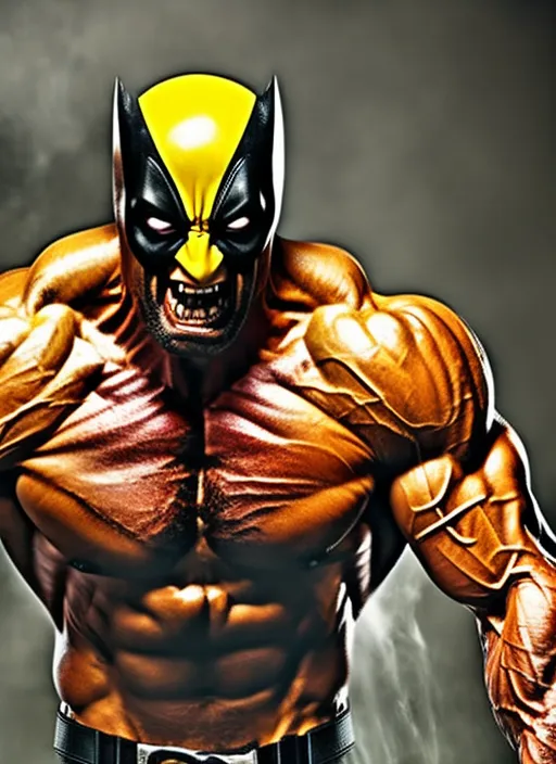 wolverine yellow and black, fight, in jungle, deadpool bodybuilder