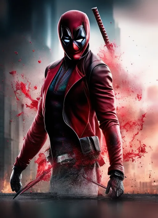 Deadpool, style of IT, chis Hansworth as Joker from the film Joker, dancing with arms wide open and leaning back, blood splatter, absurd epic cinematic, B&P atmosphere, cinematic composition + intricate detailed, cinematic lighting + rim lighting + color grading + focus + bokeh, 1X + Upsplash + 500px, taken by Canon EOS R5 RF85mm F1.8 MACRO lens 1/100sec ISO500