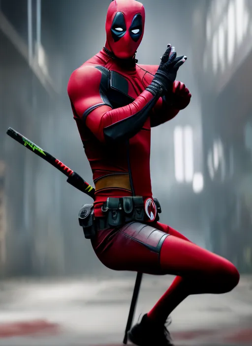 Deadpool, style of IT, chis Hansworth as Joker from the film Joker, dancing with arms wide open and leaning back, blood splatter, absurd epic cinematic, B&P atmosphere, cinematic composition + intricate detailed, cinematic lighting + rim lighting + color grading + focus + bokeh, 1X + Upsplash + 500px, taken by Canon EOS R5 RF85mm F1.8 MACRO lens 1/100sec ISO500