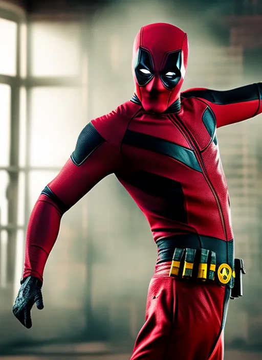 Deadpool, style of Michel Bay film, chis Pine as Joker from the film Joker, dancing with arms wide open and leaning back, blood splatter, absurd epic cinematic, War atmosphere, cinematic composition + intricate detailed, cinematic lighting + rim lighting + color grading + focus + bokeh, 1X + Upsplash + 500px, taken by Canon EOS R5 RF85mm F1.8 MACRO lens 1/100sec ISO500