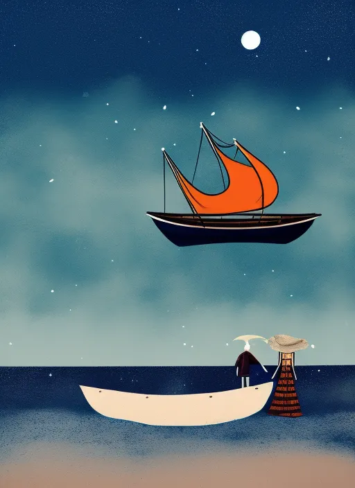 A big moon and ocean with a boat and couple on it