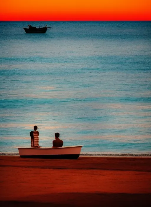 A big moon and ocean with a boat and couple on it