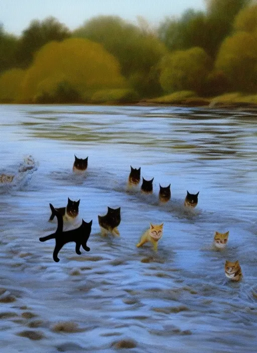 Cats running over the river