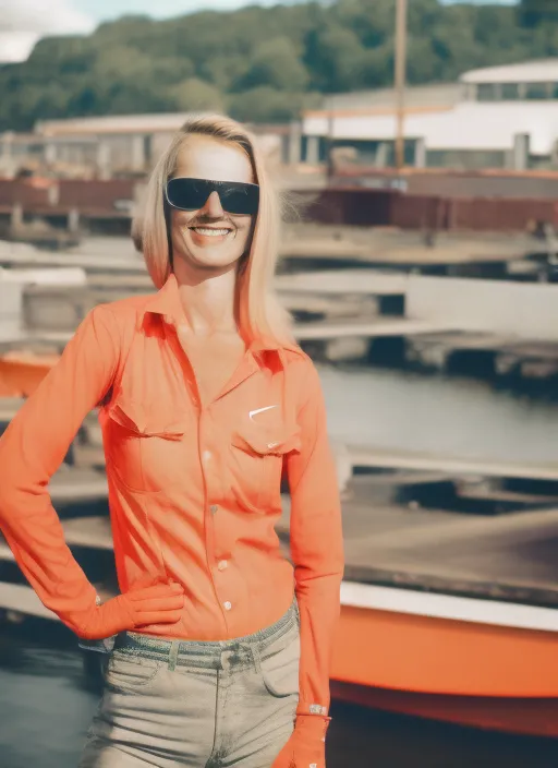 Natural 35mm f4 full body photo of shapely blond female prettylittlething model chef wearing stockings and sunglasses and tight open orange shirt big chest in a old boat dealership on summers day with film grain and noise added in post processing