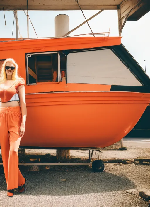 Natural 35mm f4 full body photo of shapely blond Thor prettylittlething model chef wearing stockings and sunglasses and tight open orange shirt big chest in a old boat dealership on summers day with film grain and noise added in post processing