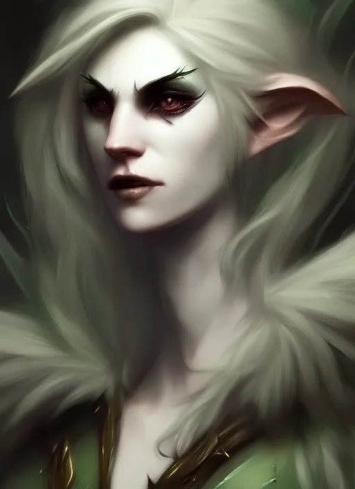 Dungeons and dragons forest elf chieric character closeup portrait, white skin, dark gothic dressing, dramatic light, dungeon background, 2 0 0 mm focal length, painted by stanley lau, painted by greg rutkowski, painted by stanley artgerm, brom, digital art, trending on artstation