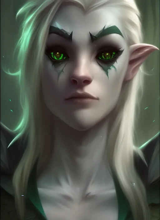 Dungeons and dragons forest elf chieric character closeup portrait, white skin, dark gothic dressing, dramatic light, dungeon background, 2 0 0 mm focal length, painted by stanley lau, painted by greg rutkowski, painted by stanley artgerm, brom, digital art, trending on artstation