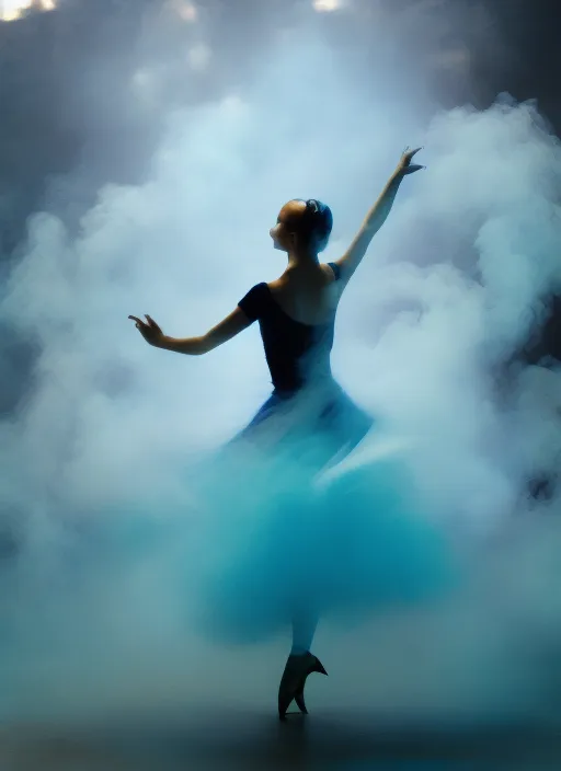 A dancing ballerina in whirling blue smoke 