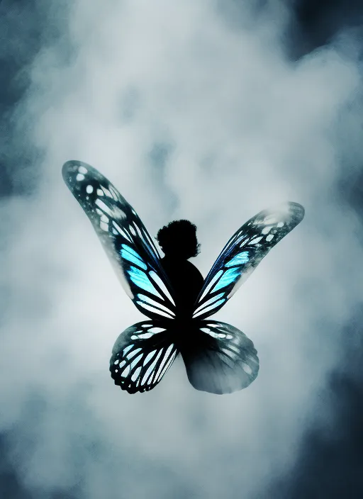 A dancing butterfly in whirling blue smoke 