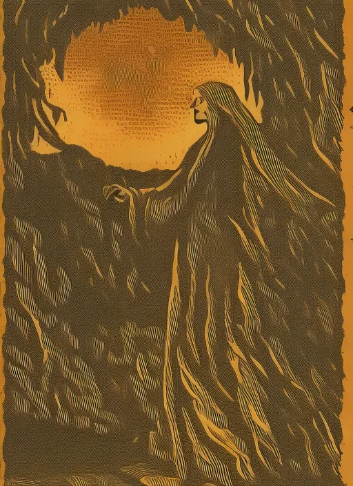 the silhouette of a fabulous Druid in a long cloak against the background of the setting sun . Woodcut
