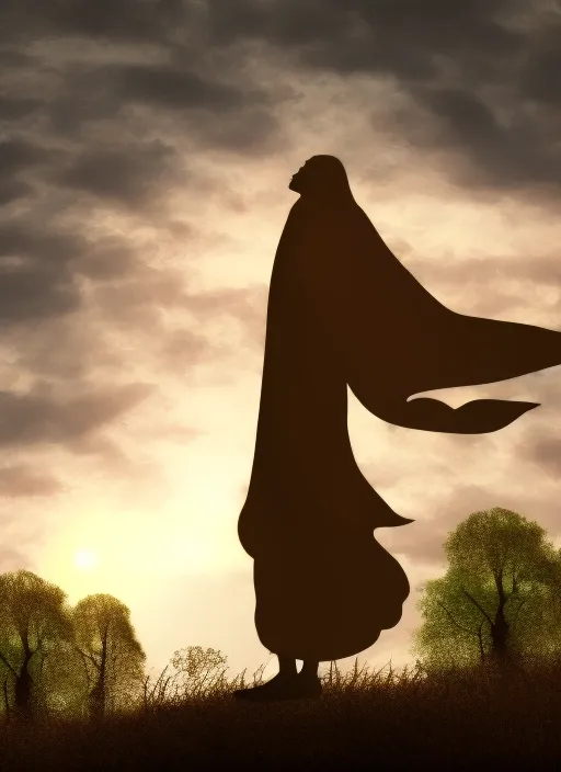 the silhouette of a fabulous Druid in a long cloak against the background of the setting sun . Graphics

