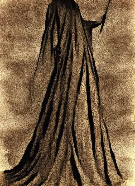 the silhouette of a fabulous Druid in a long cloak against the background of the setting sun . Graphics. pen drawing

