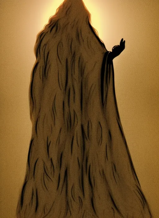 a fabulous Druid in a long cloak, with a crown on his head, stands against the light. Graphics silhouette of a fabulous druid in a long cloak against the background of the setting sun . Graphics. pen drawing


