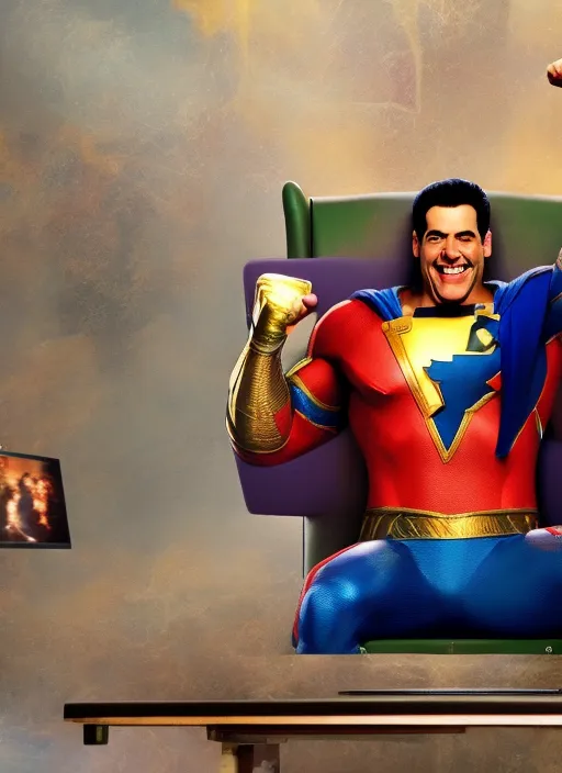 Shazam, grinning, in the castle, sitting at the computer, fist in the air, victory, large screens, stock trading, markets going up, bull run, making money, art, realistic