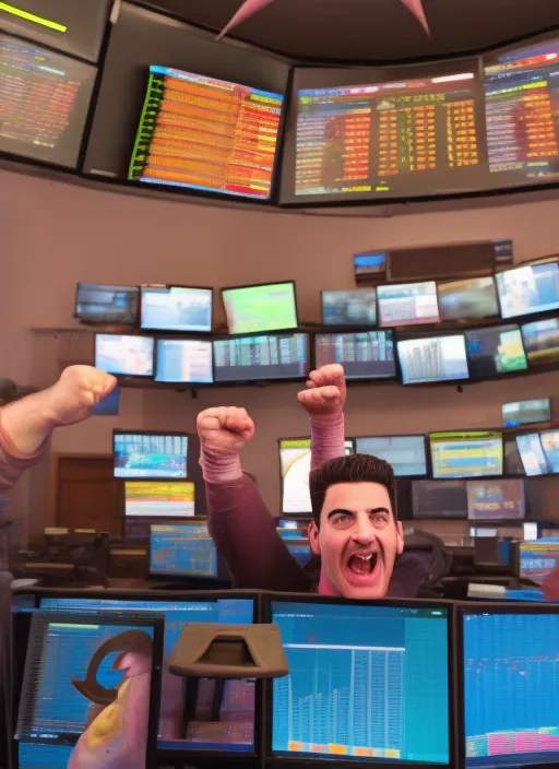 Shazam, grinning, in the castle, sitting at the computer, fist in the air, victory, large screens, stock trading, markets going up, bull run, making money, art, realistic
