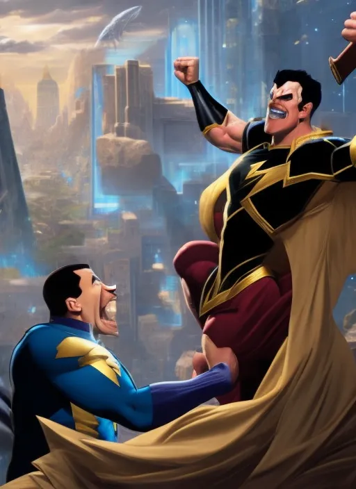 Shazam and Black Adam, grinning, in the castle, sitting at the computer, fist in the air, victory, large screens, stock trading, markets going up, bull run, making money, art, realistic