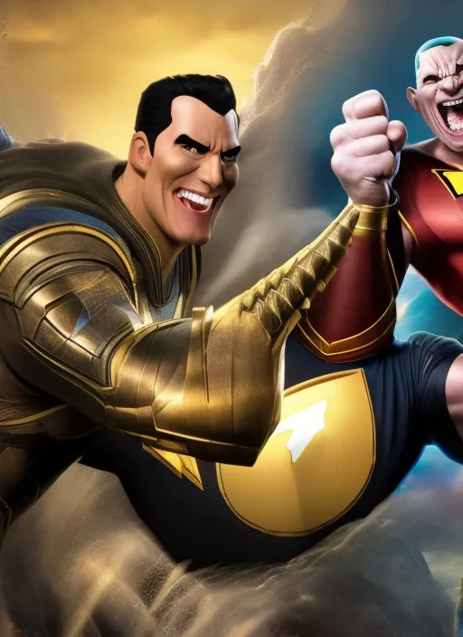 Shazam and Black Adam, grinning, in the castle, sitting at the computer, fist in the air, victory, large screens, stock trading, markets going up, bull run, making money, art, realistic