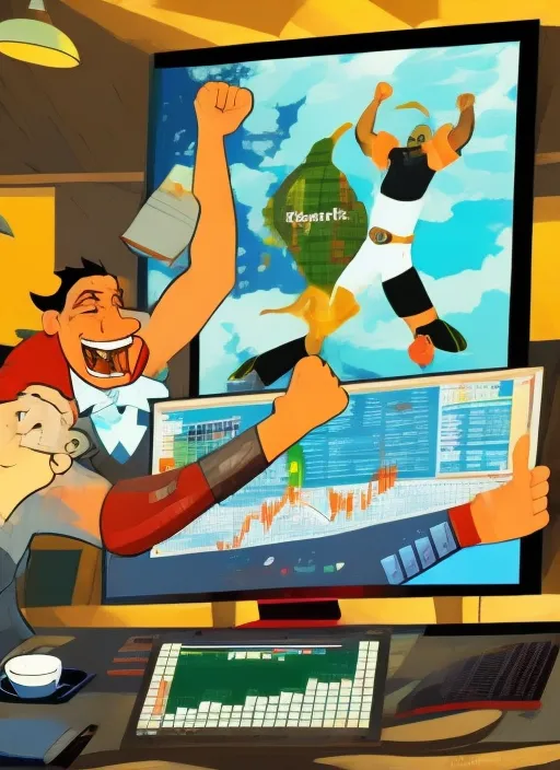 stormman, grinning, in the Montaincave, sitting at the computer, fist in the air, victory, large screens, stock trading, markets going up, bull run, making money, art, realistic