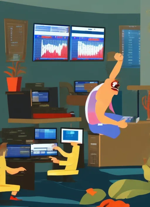 stormman, grinning, in the Montaincave, sitting at the computer, fist in the air, victory, large screens, stock trading, markets going up, bull run, making money, art, realistic