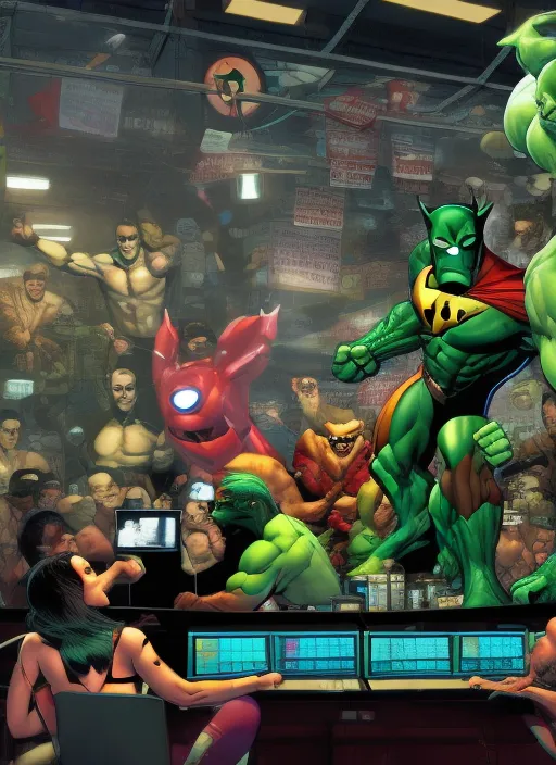 Super, Man, woman, ironman, Hulk, Manhattan, Wolverine, Fight in club Batman, grinning, in the batcave, sitting at the computer, fist in the air, victory, large screens, stock trading, markets going up, bull run, making money, art, realistic