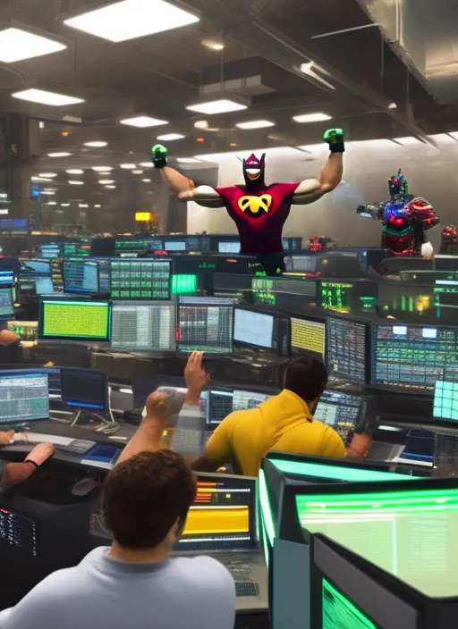 Super, Man, woman, ironman, Hulk, Manhattan, Wolverine, Fight in club Batman, grinning, in the batcave, sitting at the computer, fist in the air, victory, large screens, stock trading, markets going up, bull run, making money, art, realistic