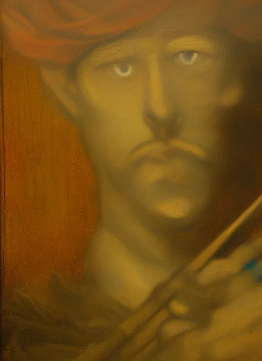 a mystical eye in the middle of the image, and a man on the right side, pensive. The background is a boseque as if painted in oil, including abstract musical instruments. 