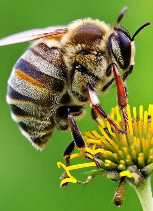 close up una abeja cubierta de polen en una flor, revolcándose, luego empieza a volar, hacia un campo de flores