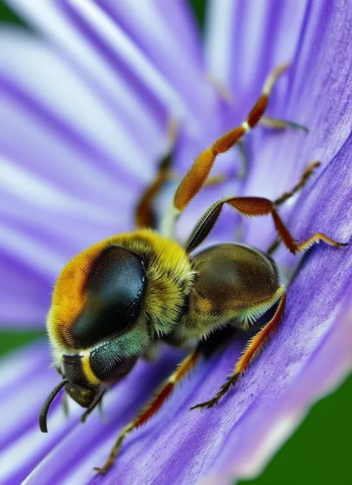 close-up de una abeja cubierta de polen dentro de una flor, revolcándose, luego empieza a volar, hacia un campo de flores