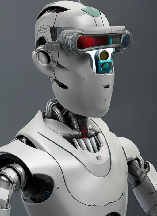 GPT robot 3d cyborg elements, white prosthetic eyes, 3d goggles