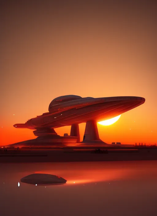 A starship illuminated by a warm, orange glow.

