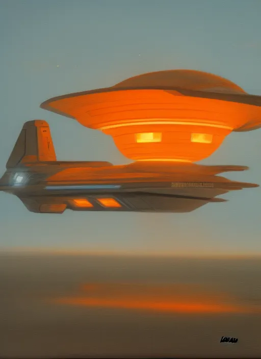 A starship illuminated by a warm, orange glow.

