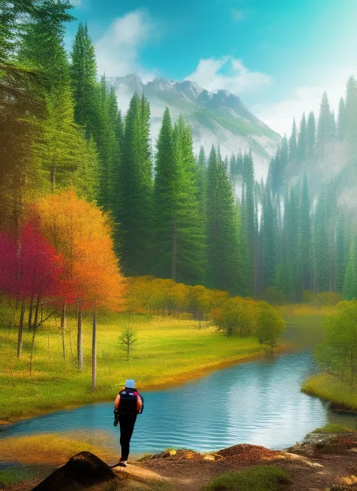The image shows a lone traveler standing at the edge of a river, with a backpack on his back and a staff in his right hand. Around him, a lush forest made of mushrooms extends towards the horizon, filling the landscape with a dim and mysterious light. The mushrooms are of vibrant and varied colors, creating a hypnotic and hallucinatory effect.

The traveler appears to be contemplating the mushroom forest with awe and caution, as if he is preparing to venture into an unknown and dangerous territory. Behind him, a small tent is set up in a clear area among the mushrooms, suggesting that he has been camping there for some time.

In the sky, a pale and golden sun begins to set behind a line of distant trees, creating a dramatic and nostalgic effect. In the water of the river, a group of ducks swim peacefully, enjoying the last light of the day.